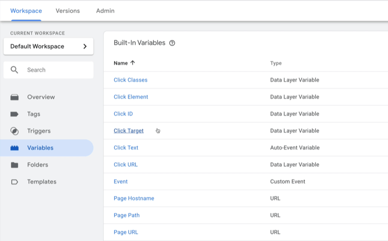 Beispiel für einen Dashboard-Arbeitsbereich im Google Tag Manager mit ausgewählten Variablen und mehreren Beispielvariablen, deren Typ jeweils angegeben ist
