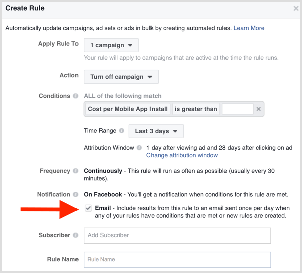 Automatische Regel-E-Mail-Benachrichtigung von Facebook Ads Manager