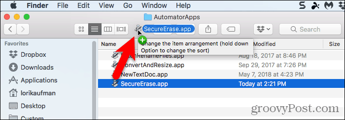 Ziehen Sie die Automator-App in die Finder-Symbolleiste