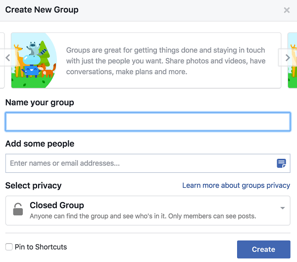 Geben Sie Ihrer Gruppe einen Namen, fügen Sie Personen hinzu und legen Sie die Datenschutzeinstellungen fest.