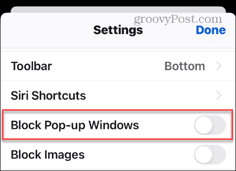 Option „Popup-Windows blockieren“ in den iPhone-Firefox-Einstellungen