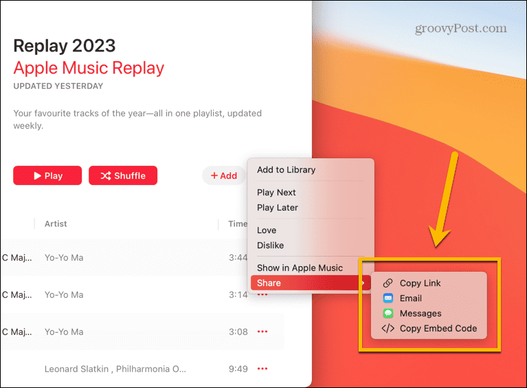 Apple Music-Share-Optionen