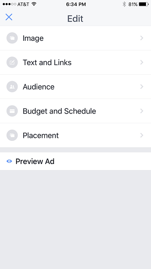 Bearbeitungsoptionen für Werbekampagnen in der Facebook Pages Manager-App