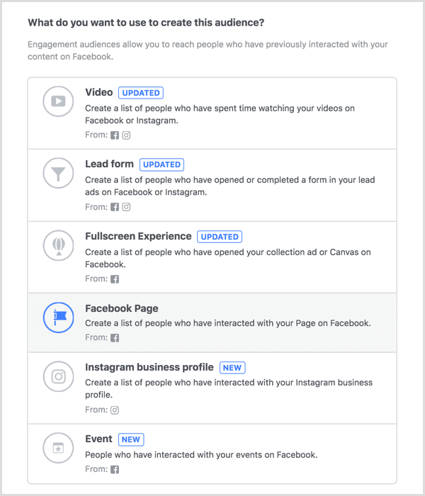 Wählen Sie die Option Facebook-Seite, um eine benutzerdefinierte Zielgruppe für Engagements zu erstellen
