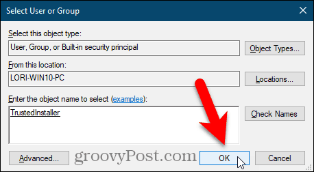 Schließen Sie das Dialogfeld Benutzer oder Gruppe auswählen im Windows-Registrierungseditor