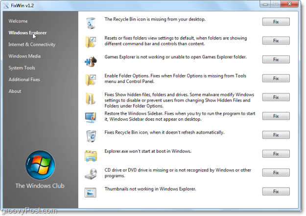 FixWin Windows Explorer korrigiert den Screenshot