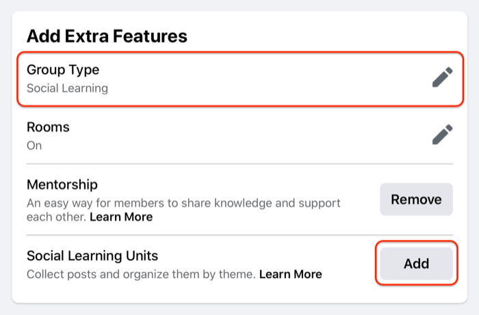 Beispiel für eine Facebook-Gruppeneinheit, in der die Option Gruppentyp hervorgehoben wird