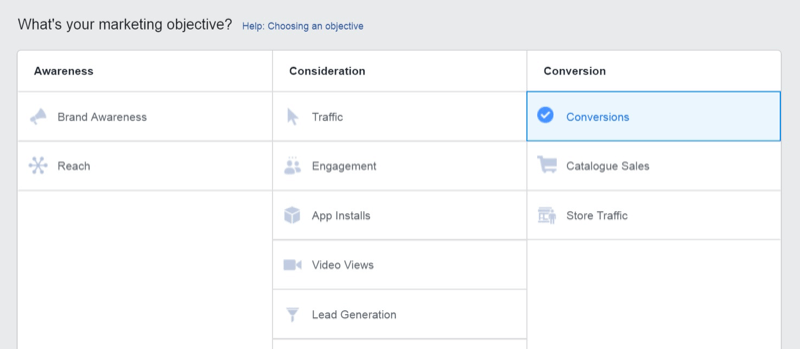 Social Media Marketing Strategie; Screenshot des Conversions-Ziels im Facebook Ads Manager.
