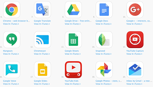 Google App-Optionen im iTunes Store