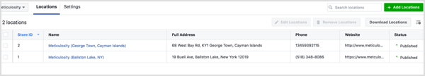 Auf der Registerkarte Standorte Ihres Dashboards für Geschäftsstandorte können Sie alle Ihre Standortseiten anzeigen.