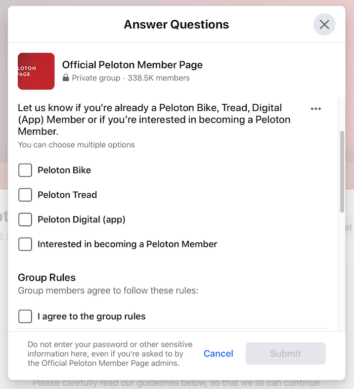 Beispiel für Facebook-Gruppen-Screening-Fragen für die offizielle Peloton-Mitgliederseitengruppe