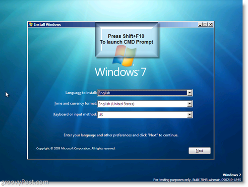 Windows 7-Installation - Starten Sie die CMD-Eingabeaufforderung mit Umschalt + F10