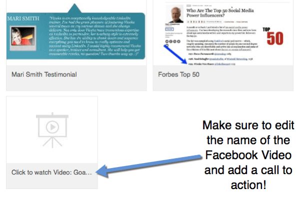 Wenn Sie Ihrem Profil Facebook-Videolinks hinzufügen, bearbeiten Sie den Titel so, dass er einen Aufruf zum Handeln zum Ansehen des Videos enthält.