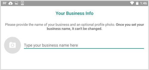 Geben Sie Ihren Firmennamen auf dem Bildschirm Ihre Geschäftsinformationen in WhatsApp Business ein