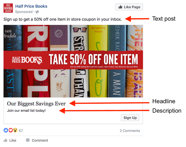 In einer Facebook-Anzeige gibt es drei Bereiche für Text.