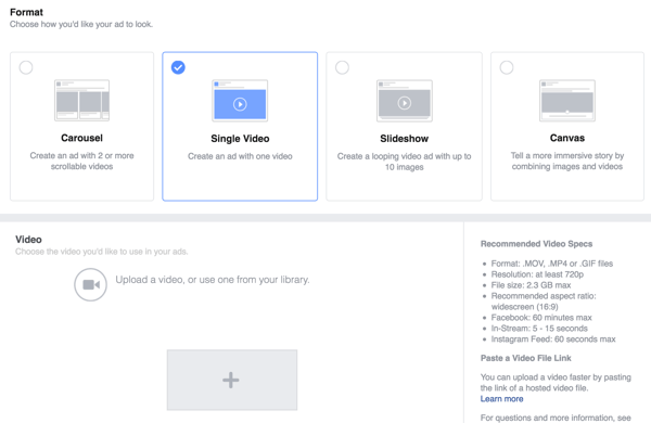 Wählen Sie "Einzeles Video" als Facebook-Anzeigenformat und laden Sie Ihr Video hoch.