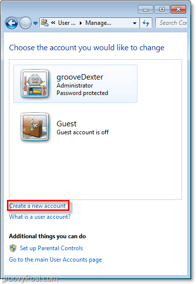 Verwenden Sie auf der Windows 7-Kontenübersichtsseite den Link, um ein neues Konto zu erstellen