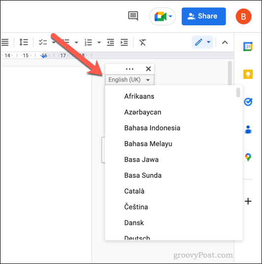 Ändern Sie die Spracheingabesprache in Google Docs