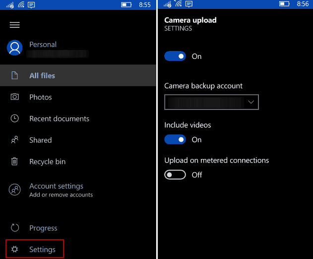 Automatische Sicherung von Windows 10 Mobile auf OneDrive