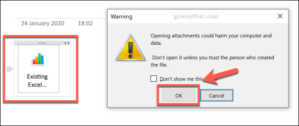 Eine Warnung zum Öffnen von Dateianhängen in OneNote