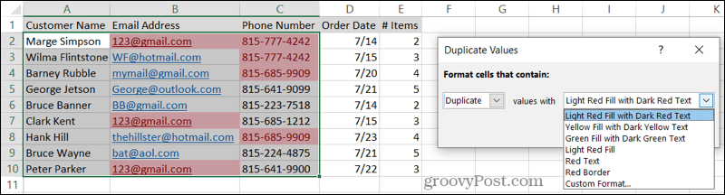 Wählen Sie Formatierung für Duplikate in Excel