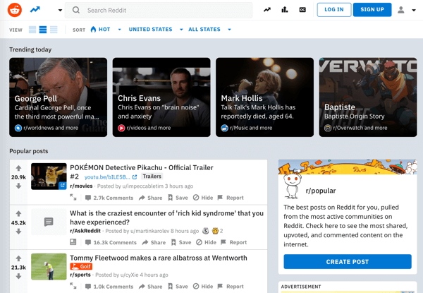 So vermarkten Sie Ihr Unternehmen auf Reddit, Beispiel für eine Reddit-Homepage und trendige Content-Feeds