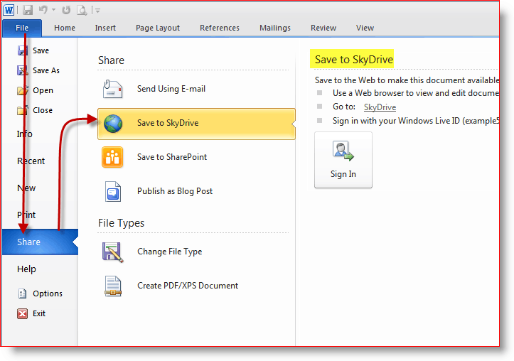 Speichern Sie Dokumente im SkyDrive-Online-Speicher