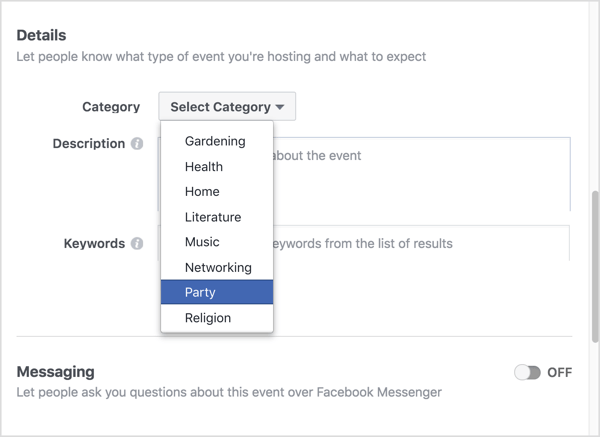 Wählen Sie die Kategorie, die Ihr virtuelles Facebook-Ereignis am besten beschreibt.