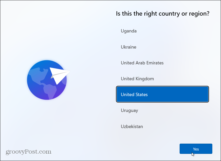 Wählen Sie das Land Installieren Sie Windows 11