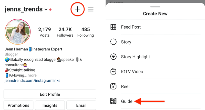 Beispiel für ein Instagram-Profil mit hervorgehobenem Symbol + und dem Popup-Menü "Neues erstellen" mit hervorgehobener Hilfsoption
