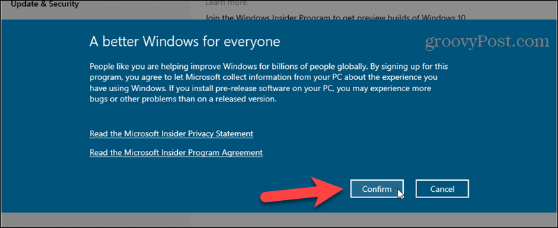 Anmeldung zum Windows-Insider-Programm bestätigen