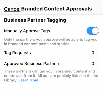 Einstellungen für die Genehmigung von Inhalten mit Instagram-Marken für das Unternehmensprofil