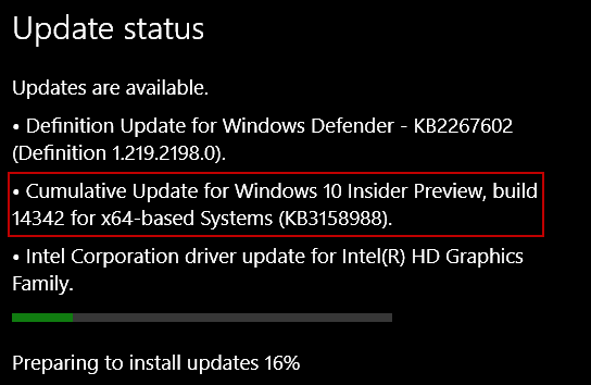 Windows 10 Update KB3158988 für Preview Build 14342 für PCs