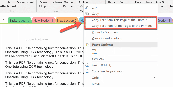 Kopieren von Text aus einem Seitenausdruck in OneNote