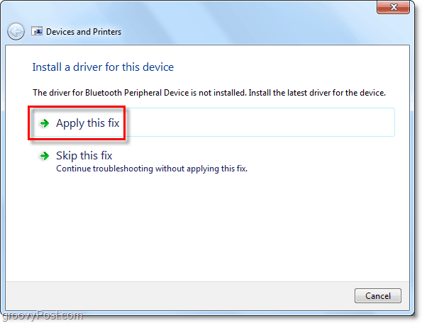 Windows sucht nach einer Lösung, und wenn es in der Lage ist, eine zu finden, wird Ihnen eine Bluetooth-Verbindungskorrektur angezeigt