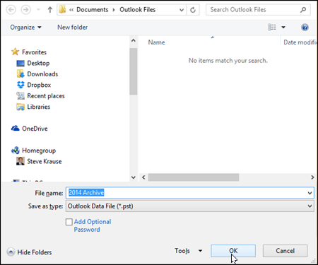 Outlook 2016 - Wählen Sie den Namen und den Speicherort der PST-Datei