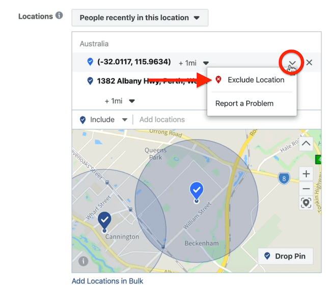 Option "Standort ausschließen" auf Anzeigenset-Ebene im Facebook Ads Manager