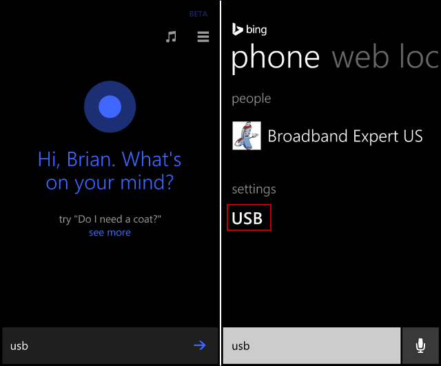 Cortana USB-Suche
