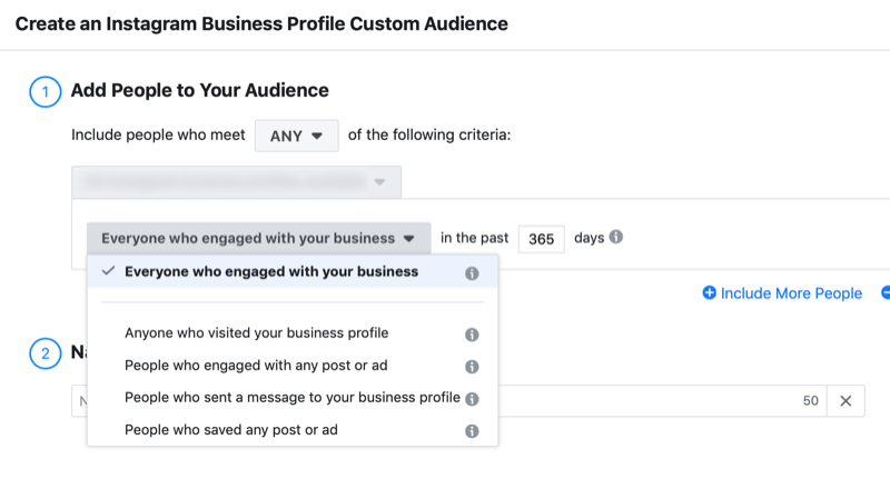 Einrichtungsfenster für die benutzerdefinierte Zielgruppe von Instagram Business Profile Engagement