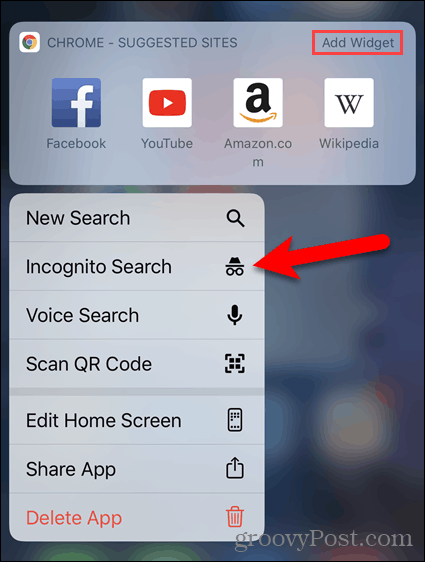 Drücken Sie lange auf das Chrome-Symbol und wählen Sie Inkognito-Suche