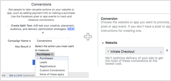 Erstellen Sie eine Facebook-Kampagne mit dem Ziel "Webkonvertierungen" und wählen Sie die Aktion aus, die Ihr Publikum ausführen soll.