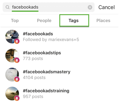 Wie Sie Ihre Instagram-Verfolgung strategisch erweitern können, Schritt 9, relevante Hashtags finden, Beispielsuche nach "Facebookads"