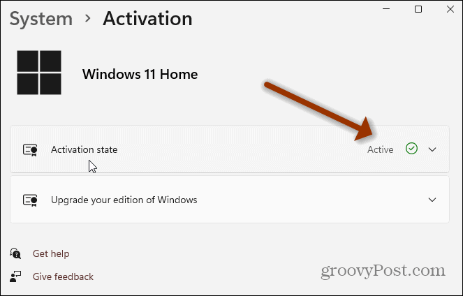 Seite mit den Aktivierungseinstellungen für Windows 11