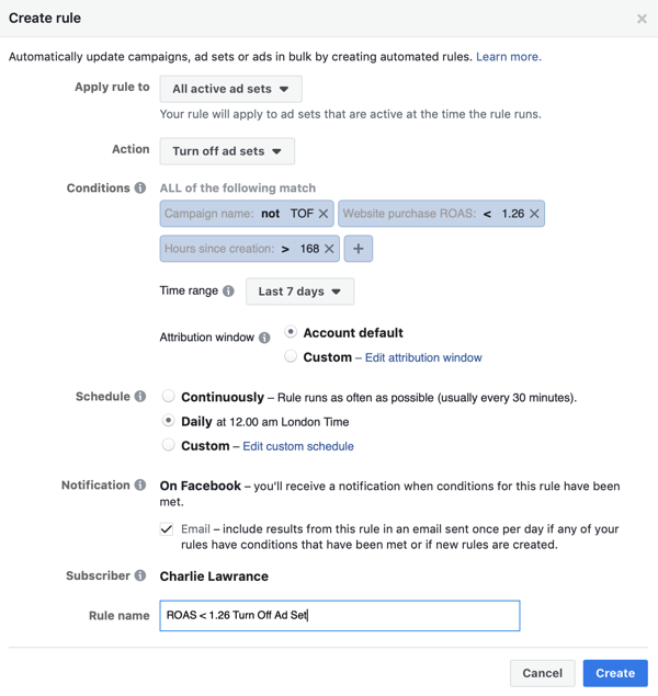 Verwenden Sie automatisierte Facebook-Regeln, stoppen Sie die Anzeigenschaltung, wenn der ROAS unter das Minimum fällt, Schritt 4, Regelname
