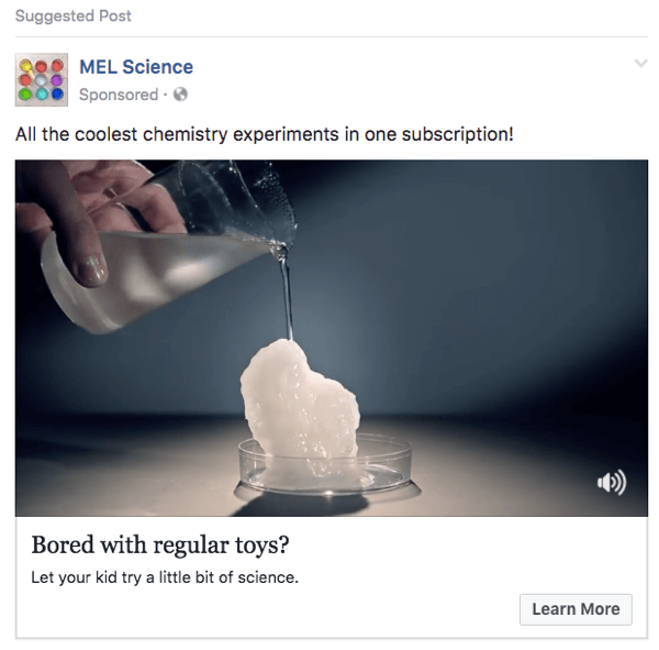 Diese Facebook-Anzeige von MEL Science verwendet Clips aus einem YouTube-Video.