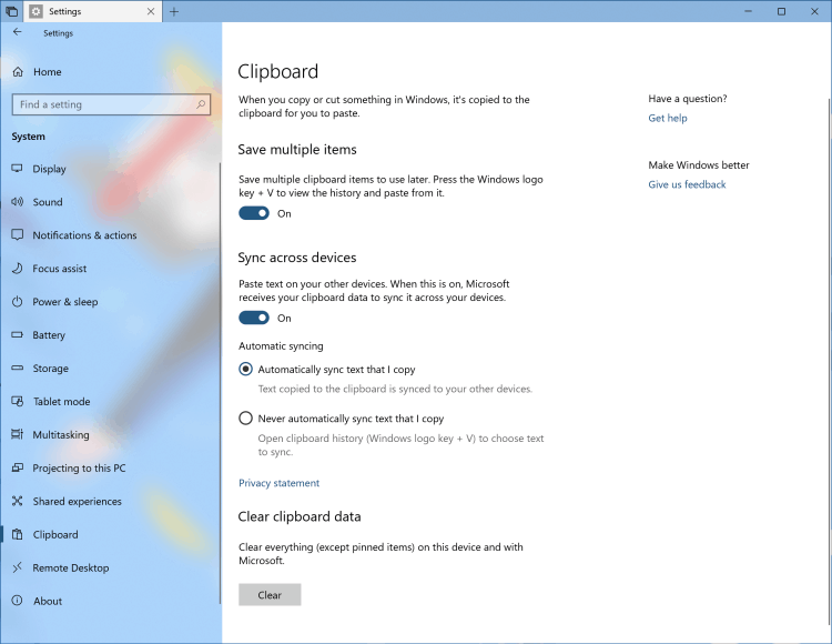 Windows 10 RS5 Cloud Zwischenablage