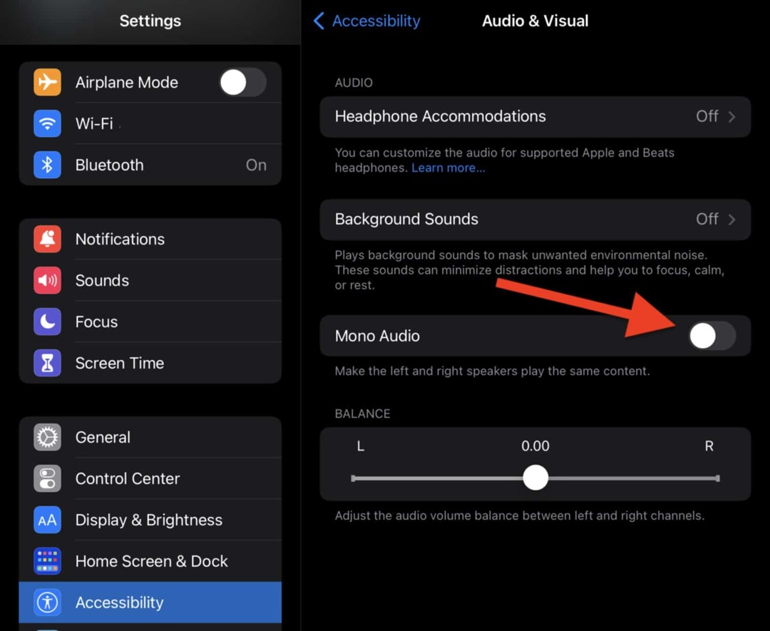 Aktivieren und deaktivieren Sie dann die Mono-Audio-Option in den Audio & Visual-Einstellungen auf Ihrem iPad