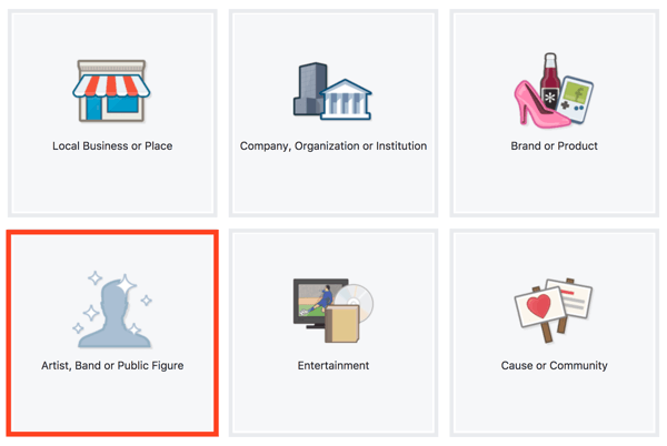 Wählen Sie als Facebook-Seitentyp Künstler, Band oder öffentliche Figur aus.