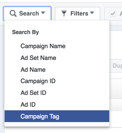 Suchen Sie nach Facebook-Werbekampagnen nach Tag.