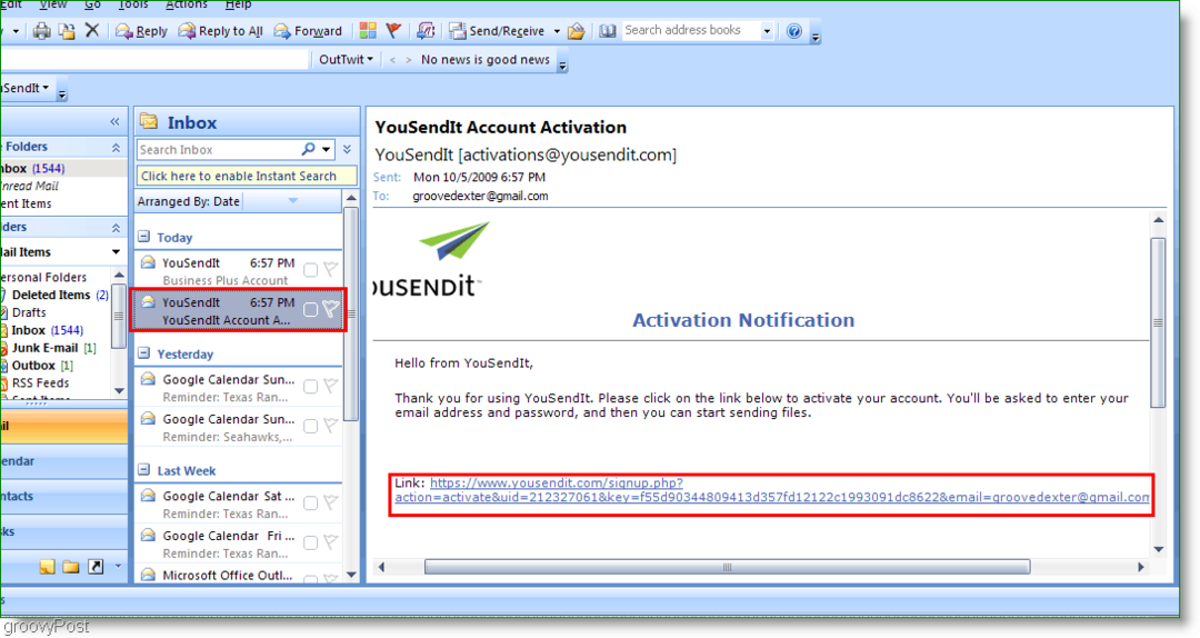 YouSendIt-Aktivierungslink in Outlook